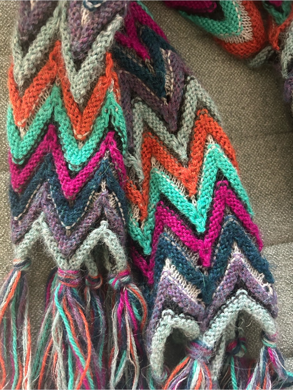 Chevron Fringe Knit Scarf in Teal, Purple, Coral & Gray